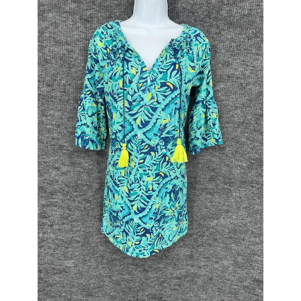 Lilly Pulitzer Dress Womens XS Blue Floral V Neck 3/4 Bell Sleeve Tassel Shift